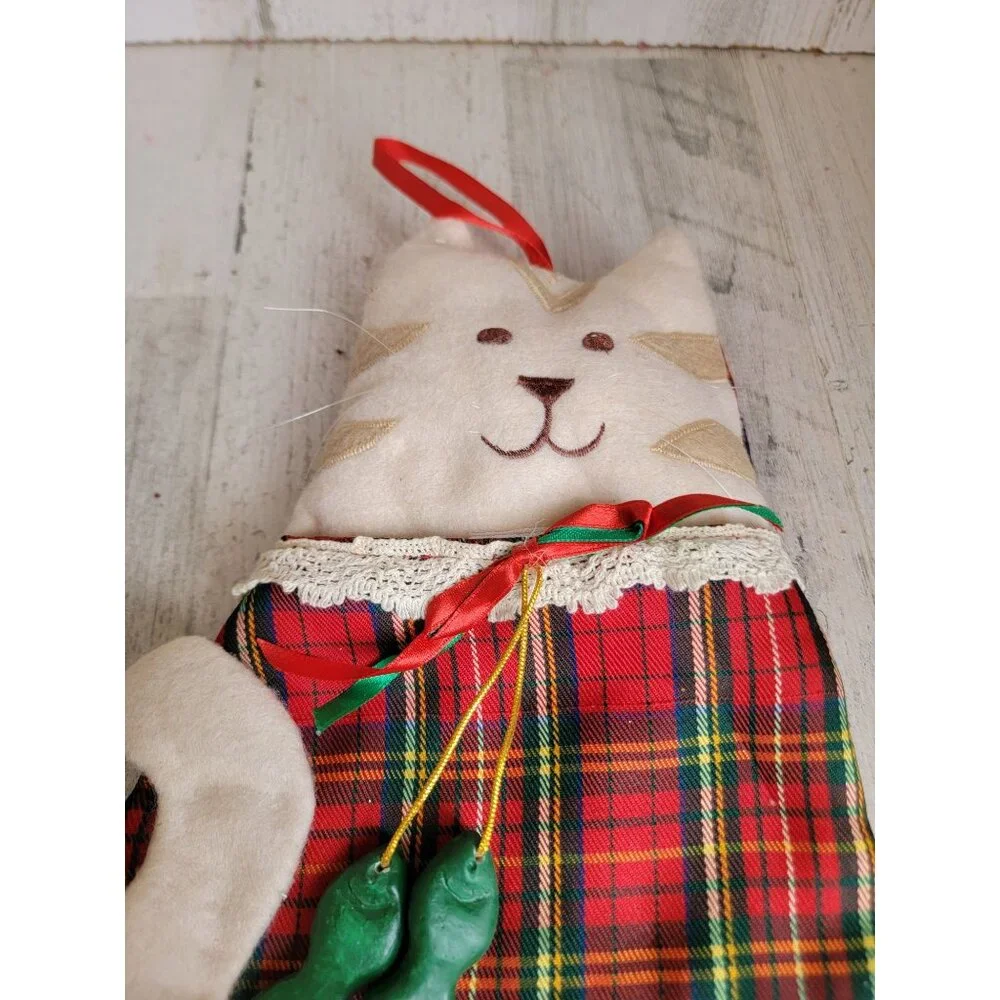 Vintage plush cat stocking Mitten‎ hanging home decor set